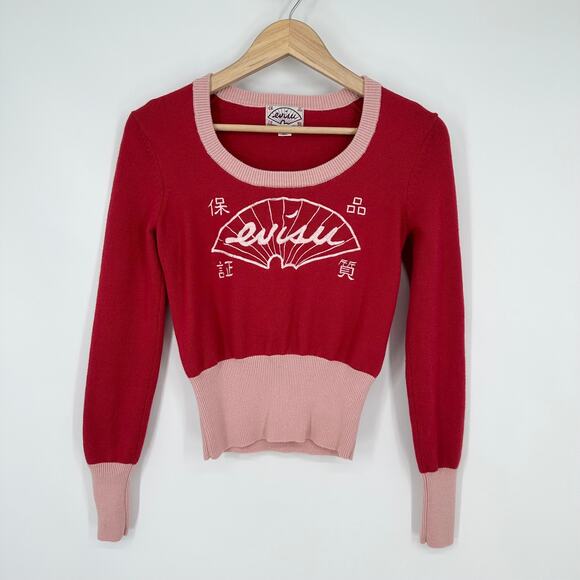 Vintage 90’s Evisu Sweater Women’s Wool Scoop Neck Embroidered Logo Pullover - Picture 2 of 14